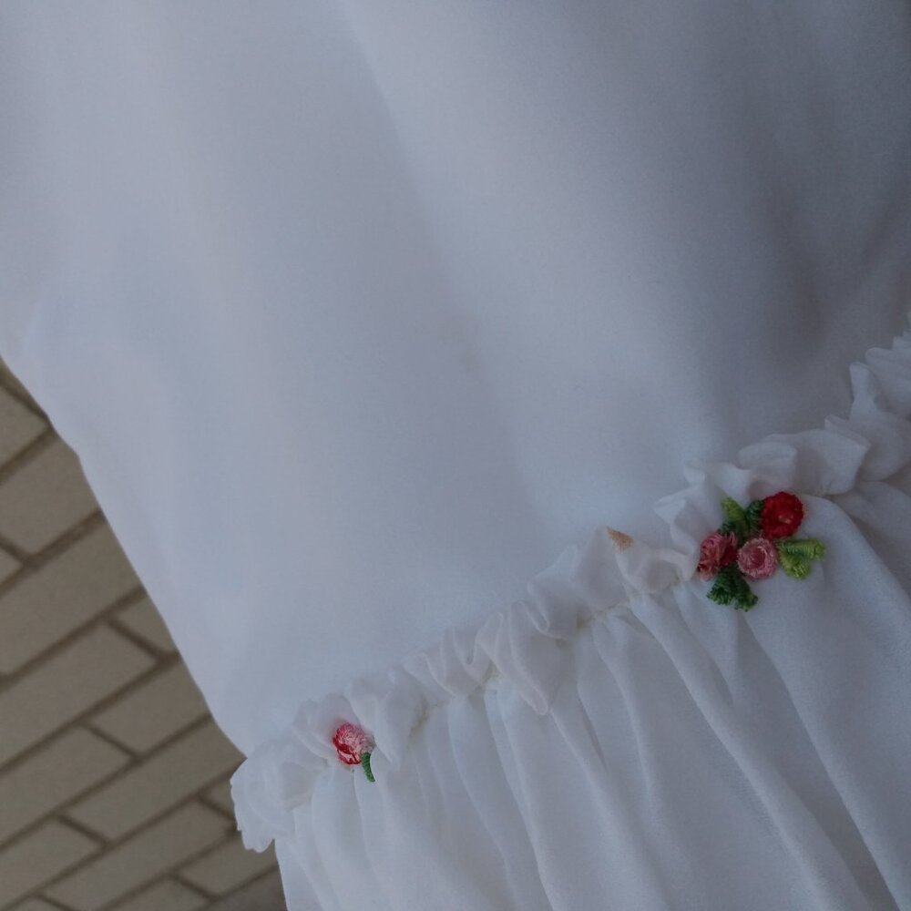 Vintage White Party Dress 29" Bust Bridal Gown Lace Flounce Sleeves Pink Flowers - Picture 8 of 15